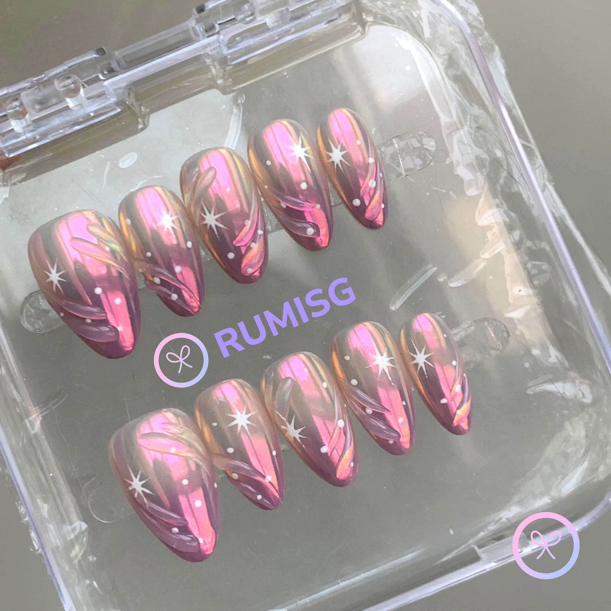 elegant purple iridescent short almond press on nails with stars and swirls