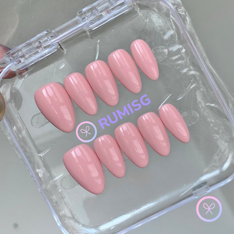 classic pink glossy short almond press on nails