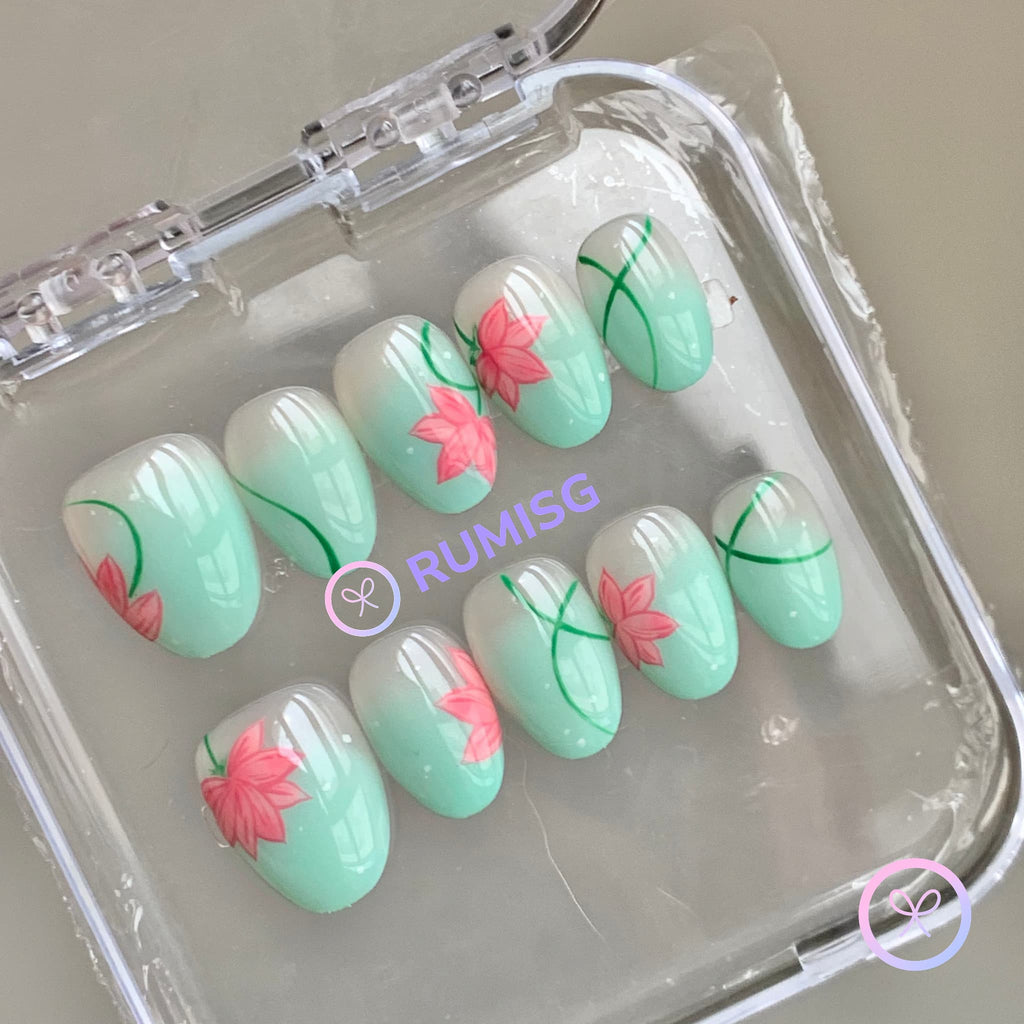 natural aquamarine glossy short round press on nails with lotus flowers
