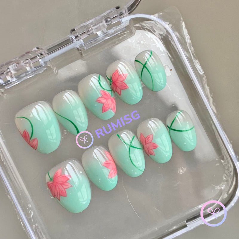 natural aquamarine glossy short round press on nails with lotus flowers