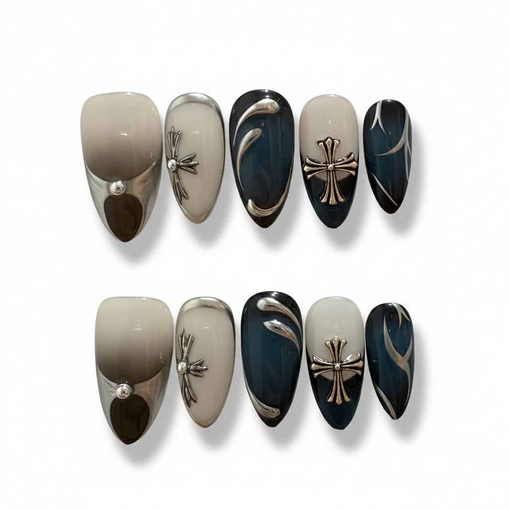 gothic bue glossy medium almond press on nails with cross charm and metallic swirls
