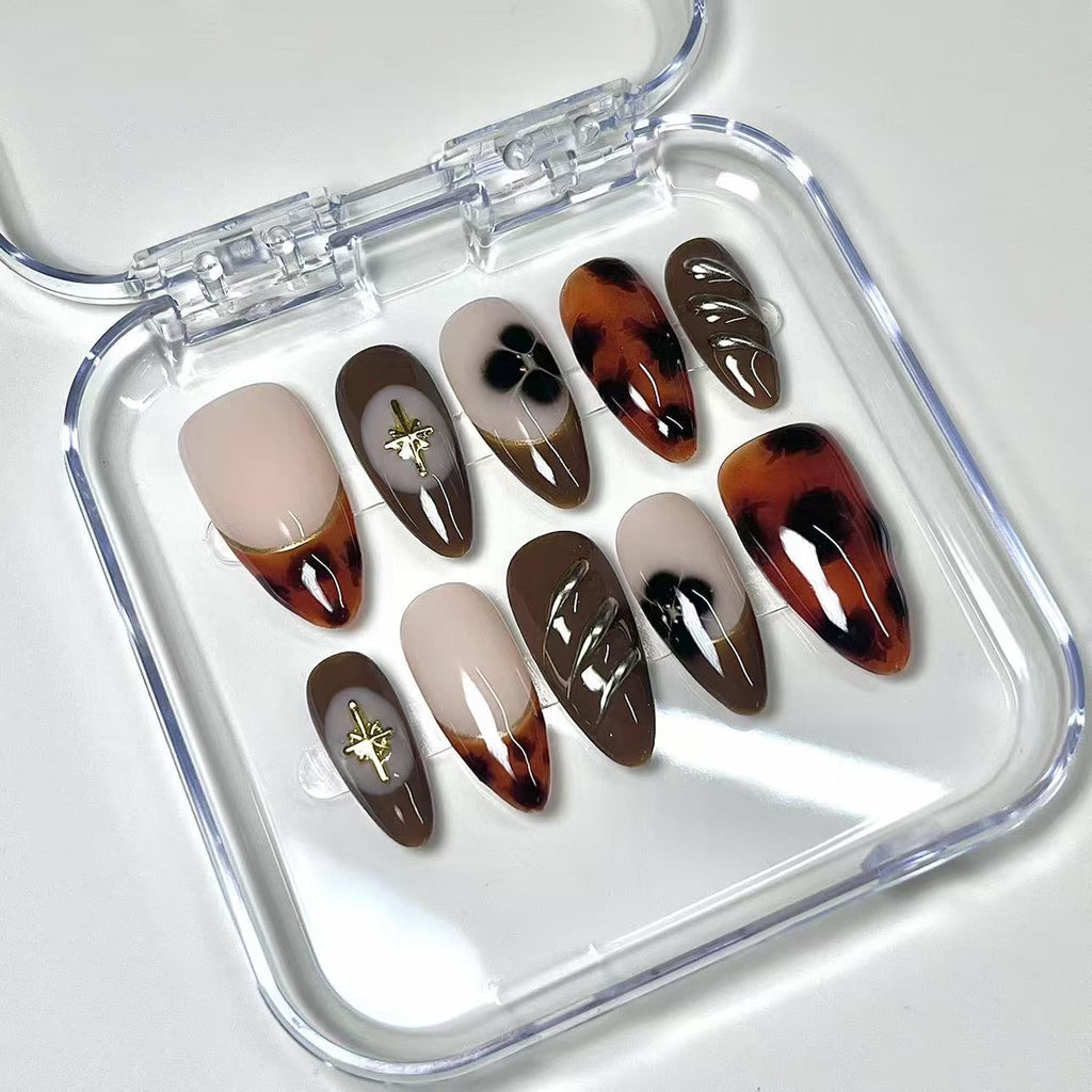 natural brown glossy medium almond press on nails with marble design