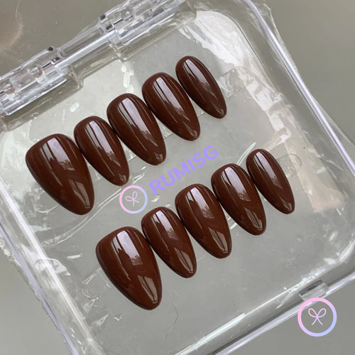 classic brown glossy short almond press on nails