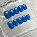 classic blue glossy solid colour short squoval press on nails