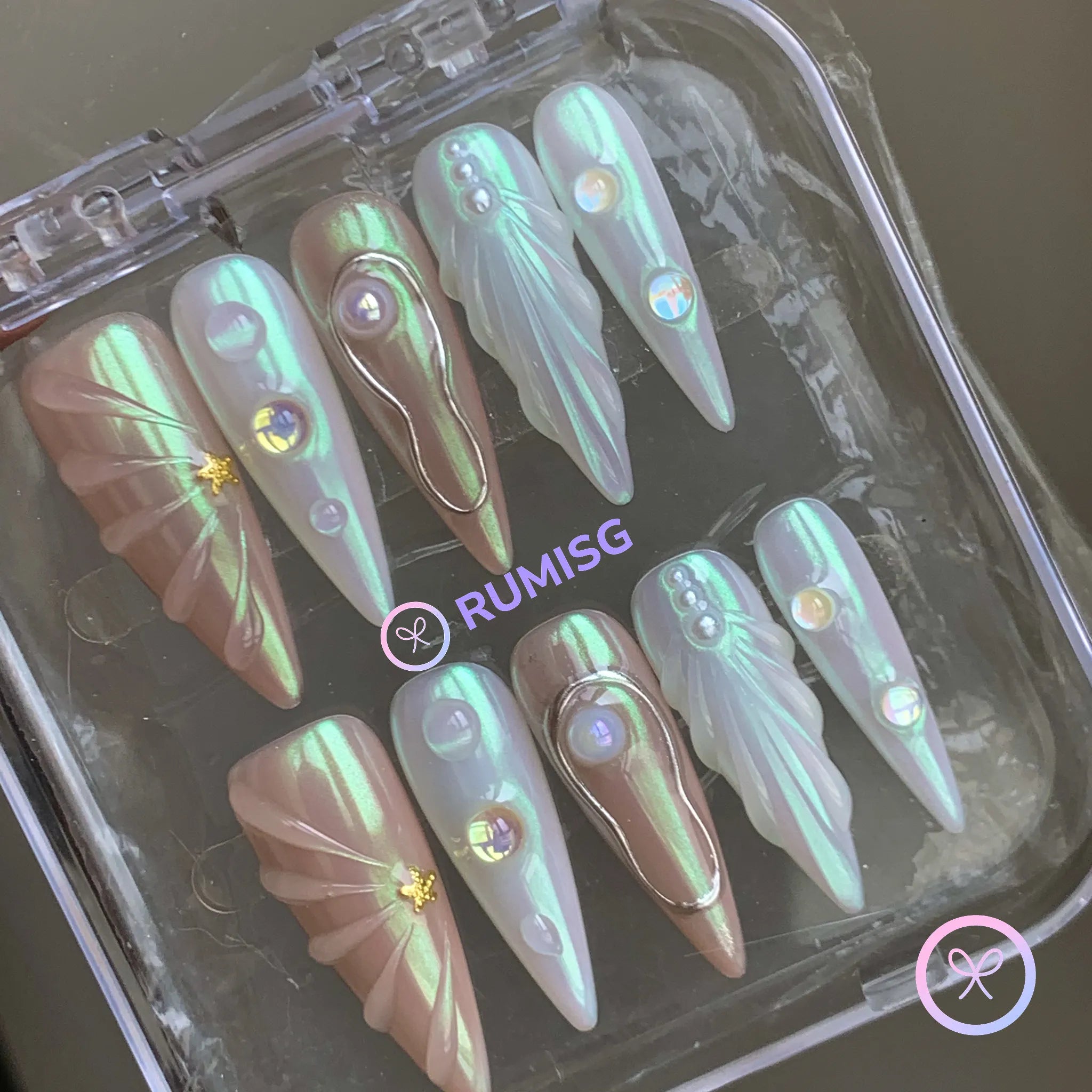 pearlcore white iridescent starfish stiletto press on nails with pearl
