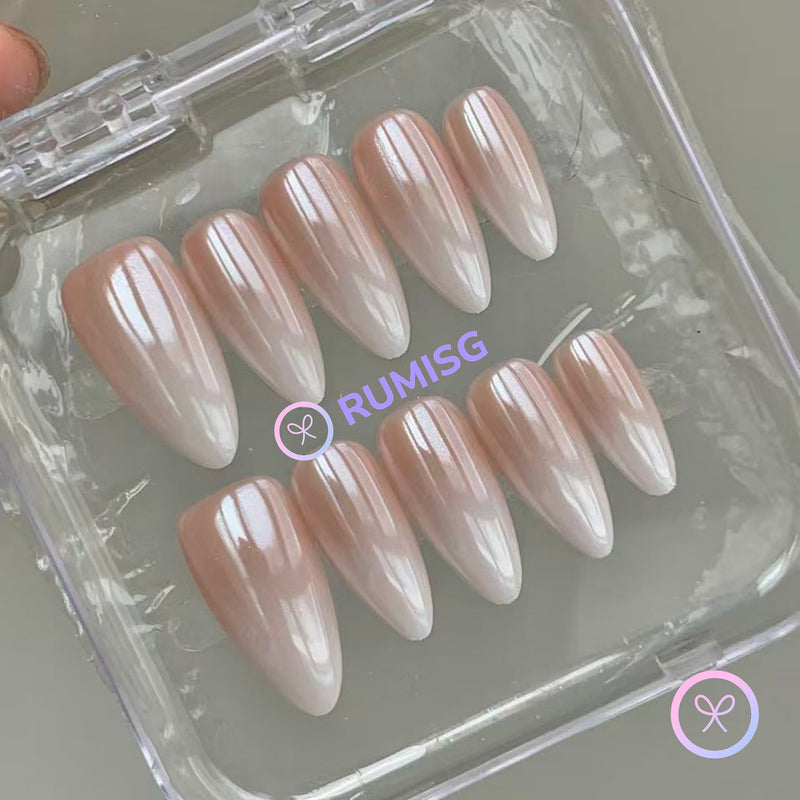 minimalist nude glossy medium almond press on nails with glazed donut finish
