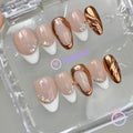 elegant nude glossy short almond press on nails with rose gold chrome swirl and pearls