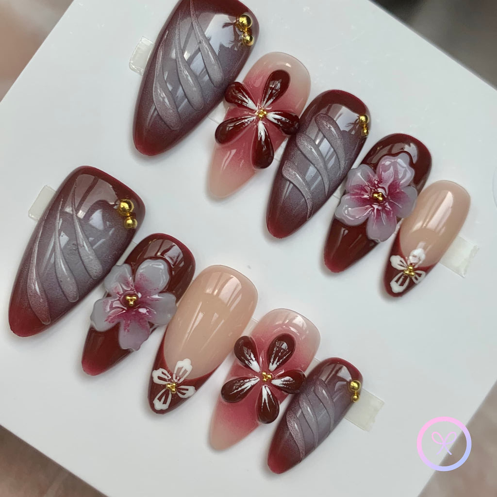 romantic red glossy medium almond press on nails with 3d flowers