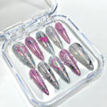 y2k pink chrome long stiletto press on nails with hearts and butterflies