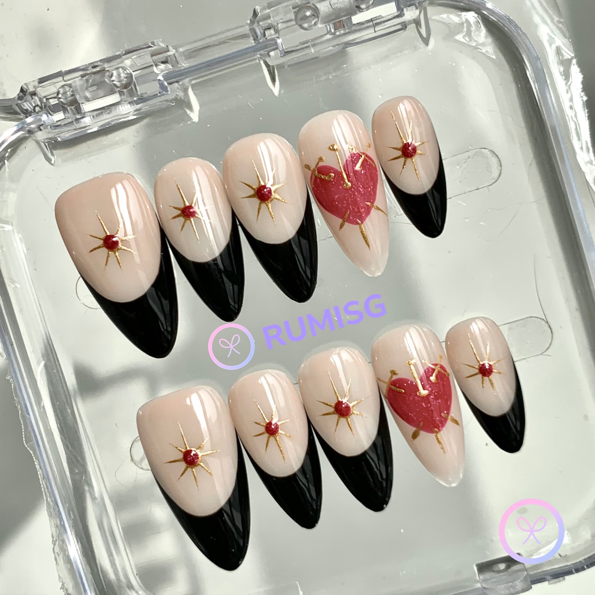  lovecore nude glossy medium almond press on nails with star burst and ornate heart