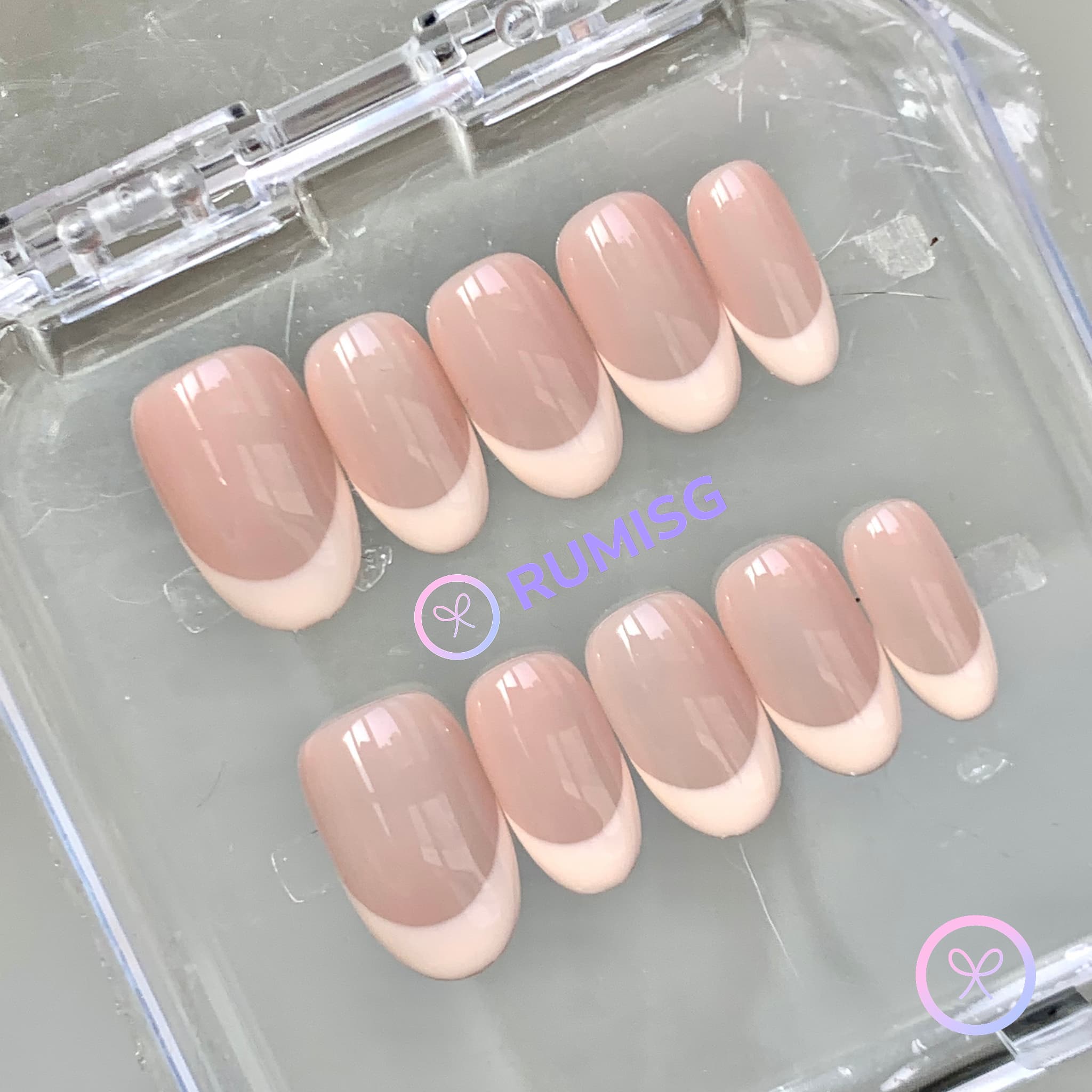 classic nude glossy short oval press on nails with nude french