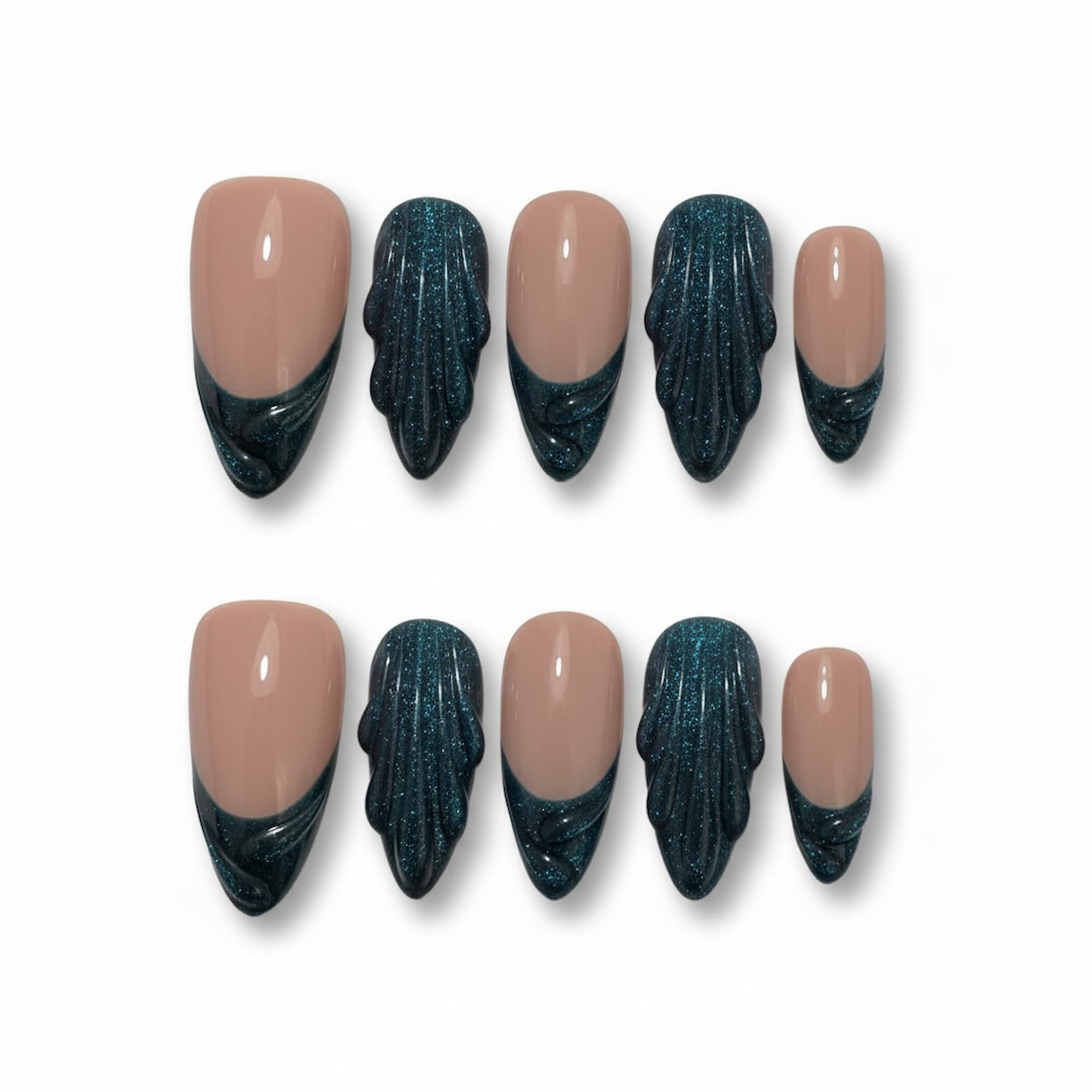 oceanic blue glossy medium almond press on nails with glitter and swirls , french tip 