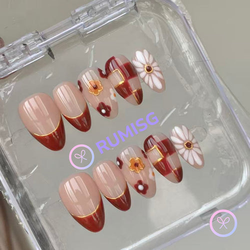 elegant red glossy short almond press on nails with daisy, flower and checkerboard