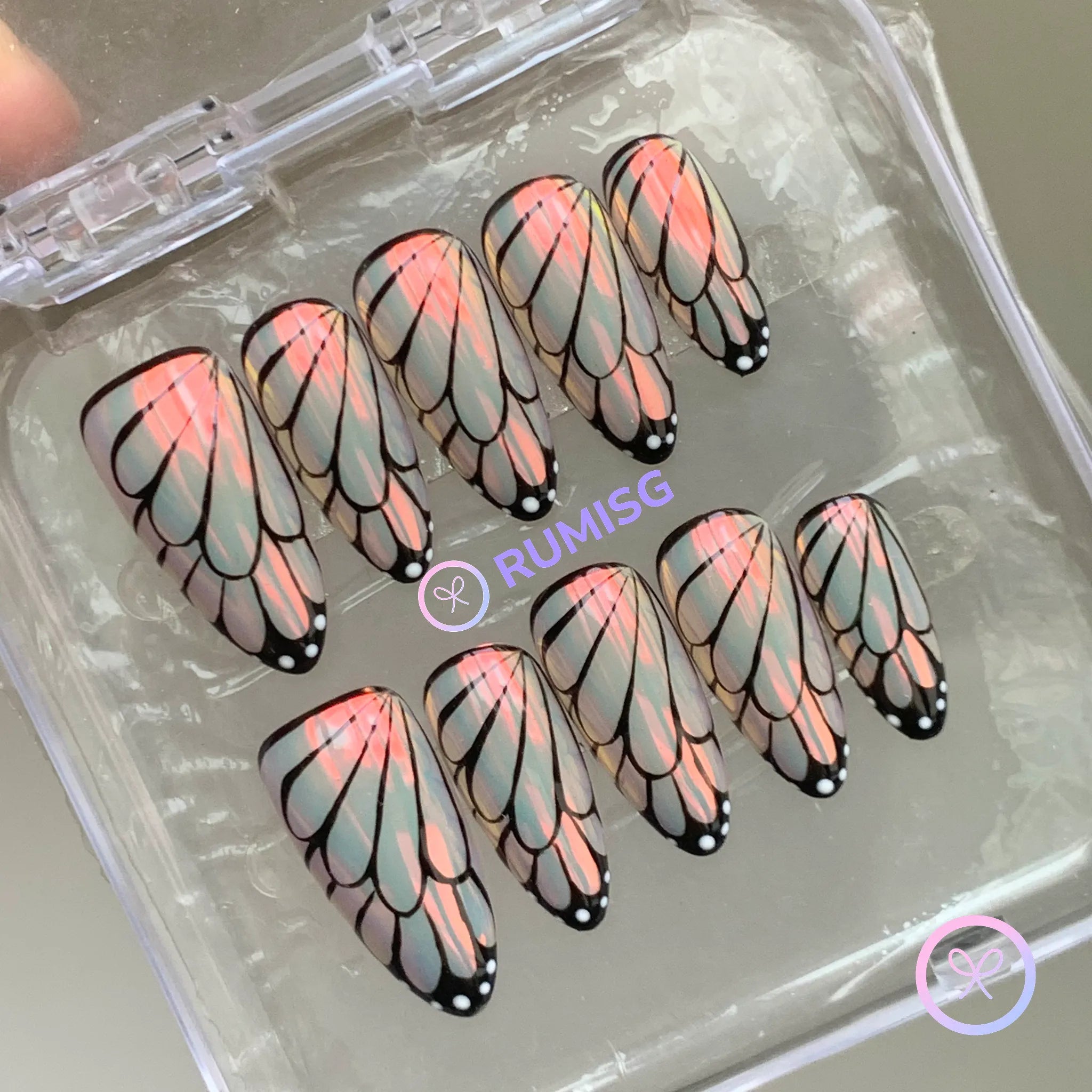 elegant black iridescent butterfly wing medium almond press on nails