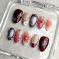 pearlcore dark red glossy short almond press on nails with pearls and peony flowers motifs