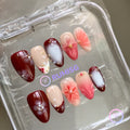 pearlcore red glossy 3d peony short almond press on nails with pearl