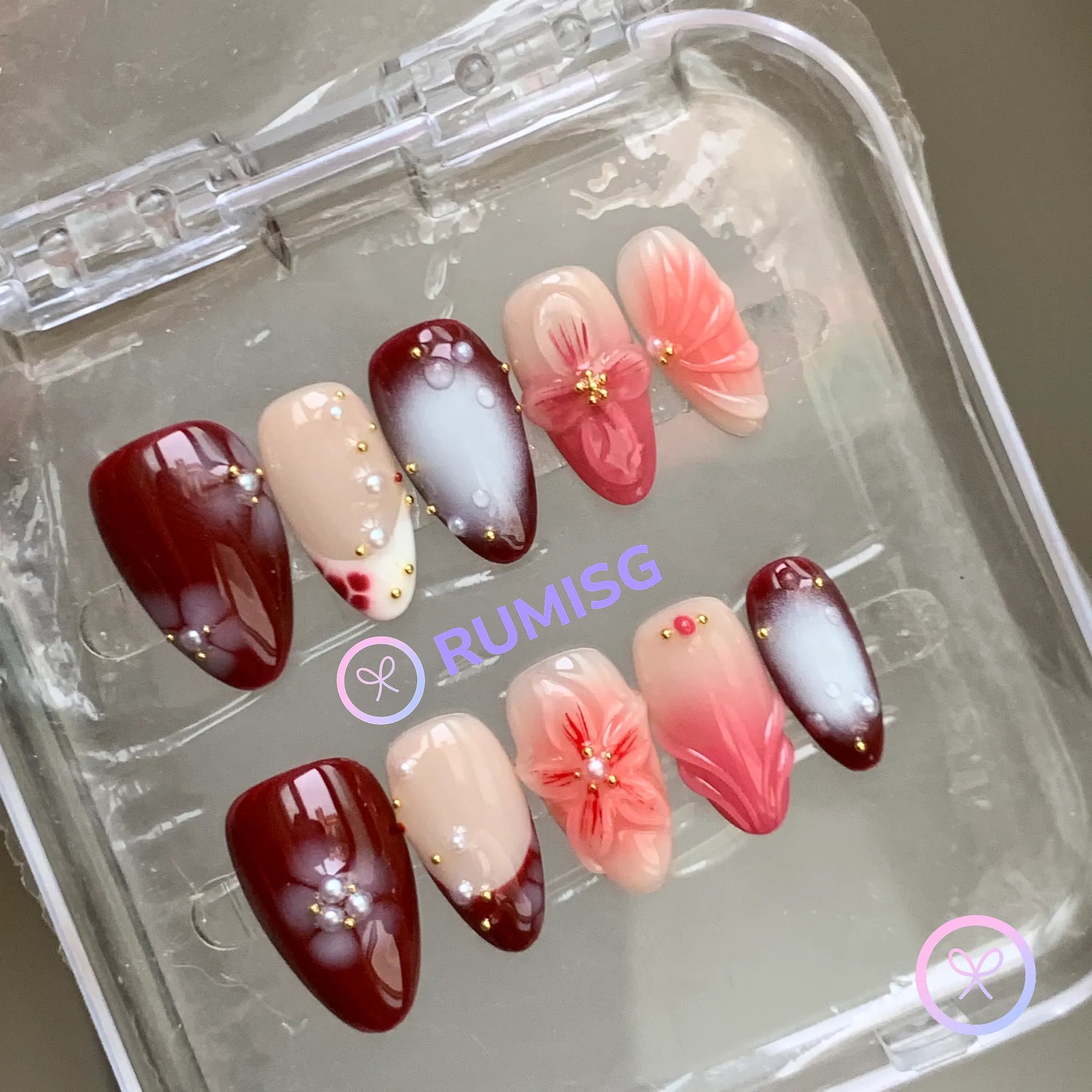pearlcore red glossy 3d peony short almond press on nails with pearl