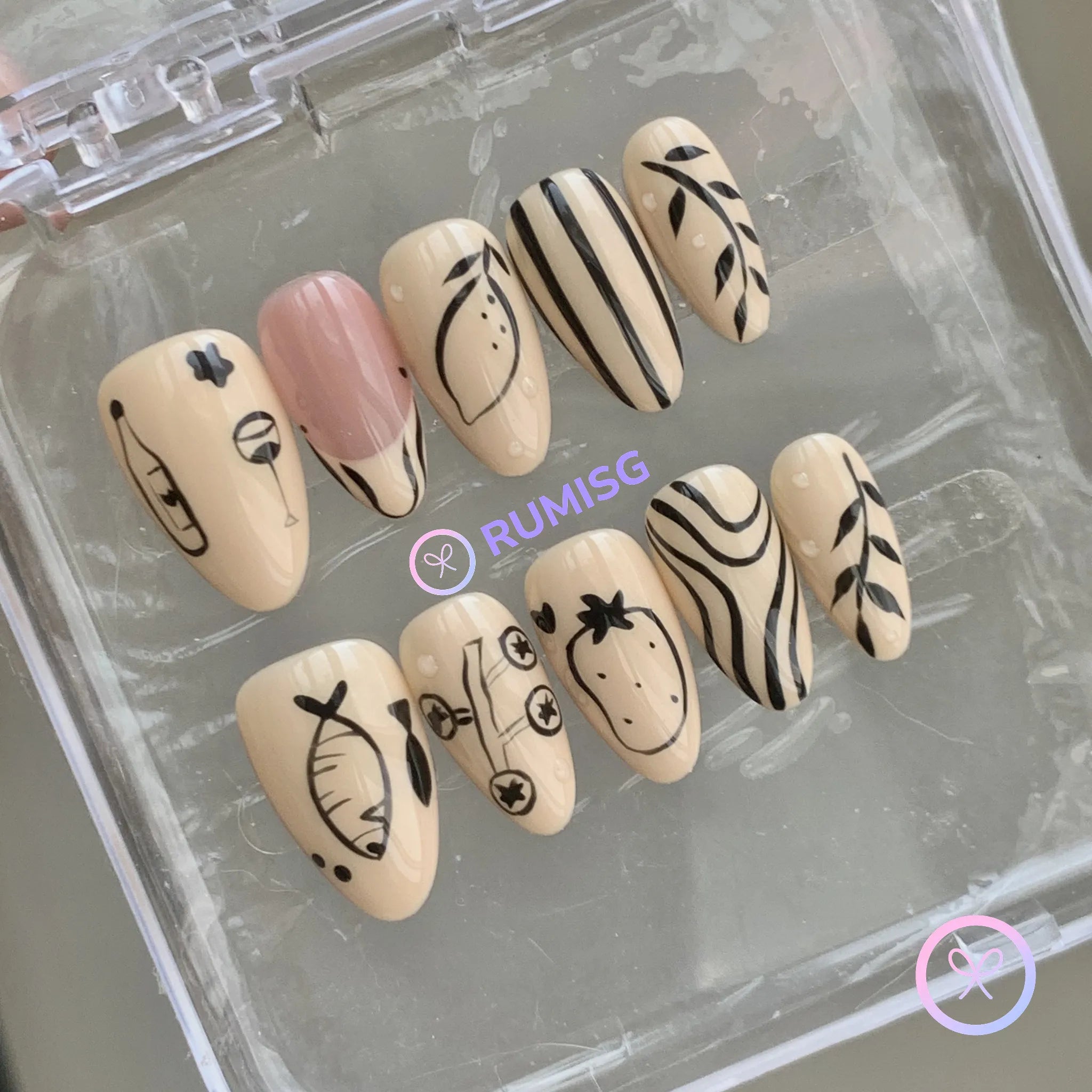 abstract brown glossy short almond press on nails with sketch linework and stripes