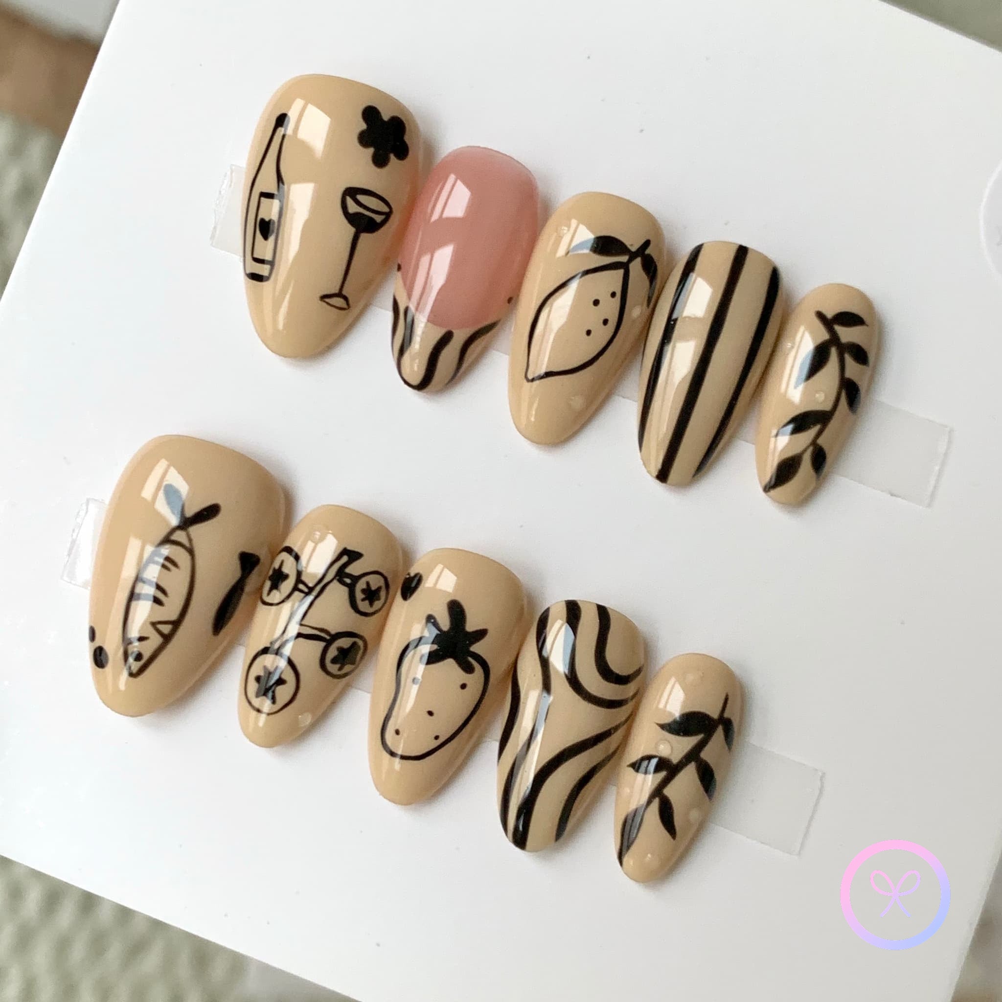 abstract white glossy short almond press on nails with wine and glasses