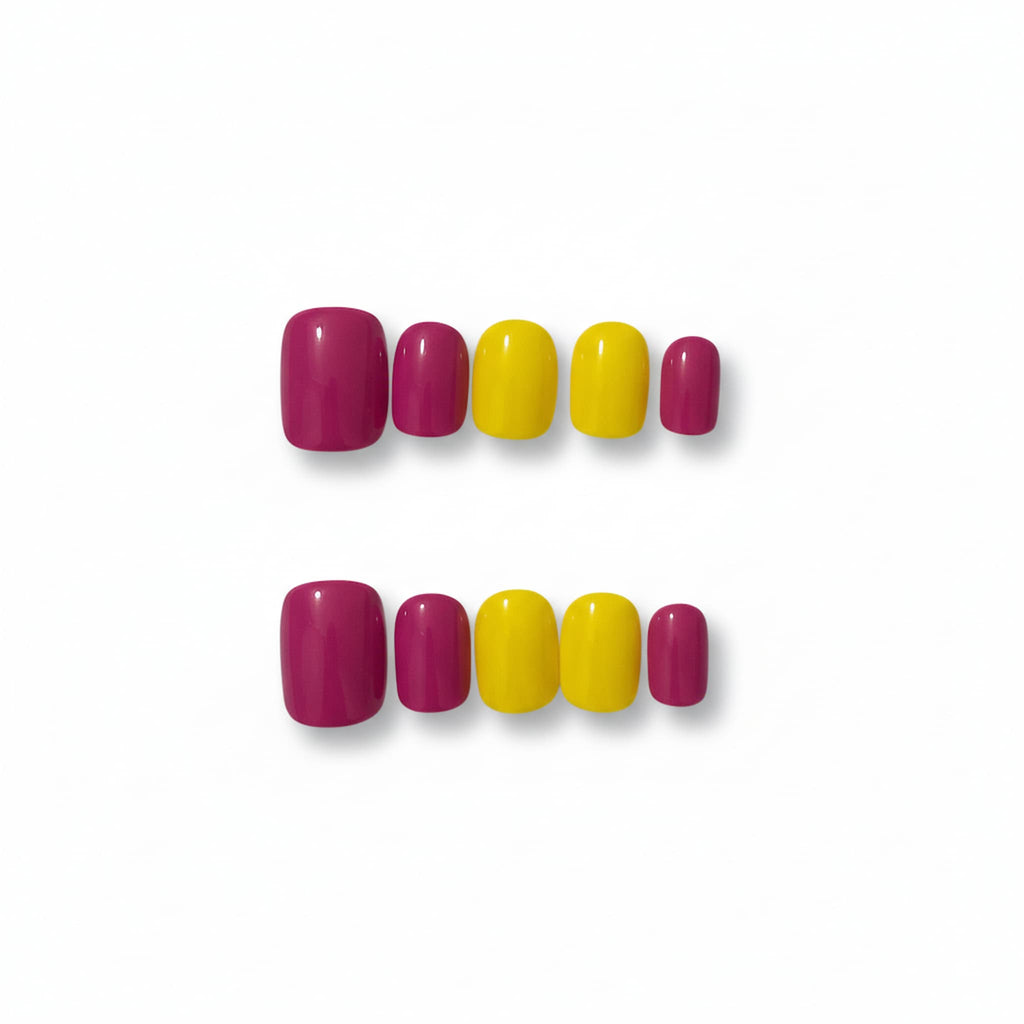 classic pink glossy short square press on nails , pink and yellow solid colours
