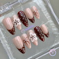 elegant nude glossy medium almond press on nails with polka dot and 3d flower