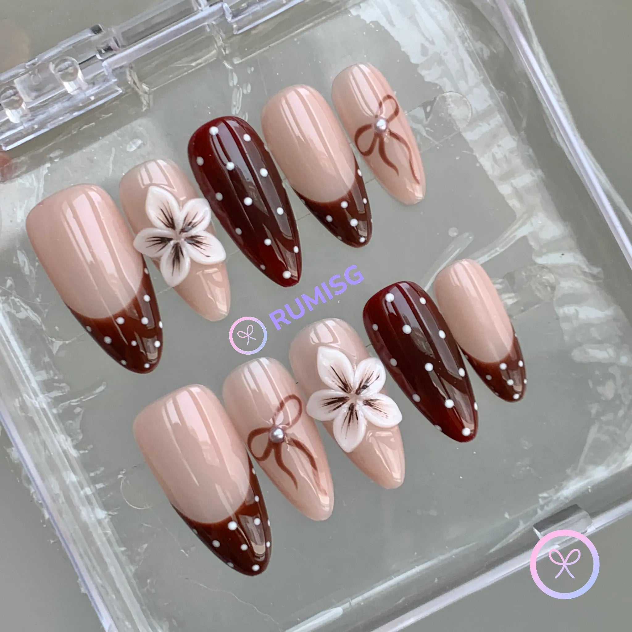 elegant nude glossy medium almond press on nails with polka dot and 3d flower