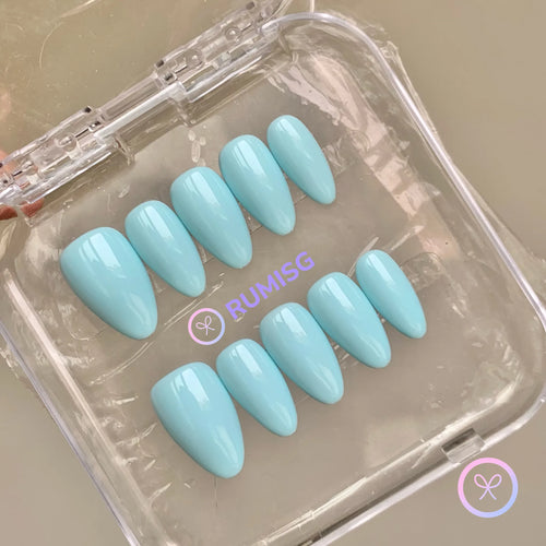 classic blue glossy short almond press on nails