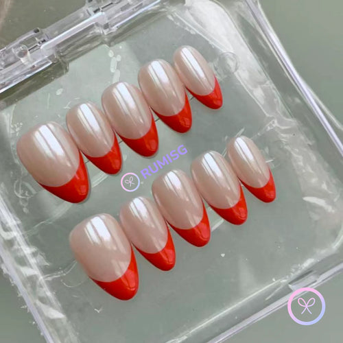 classic red glossy short almond press on nails with french tips