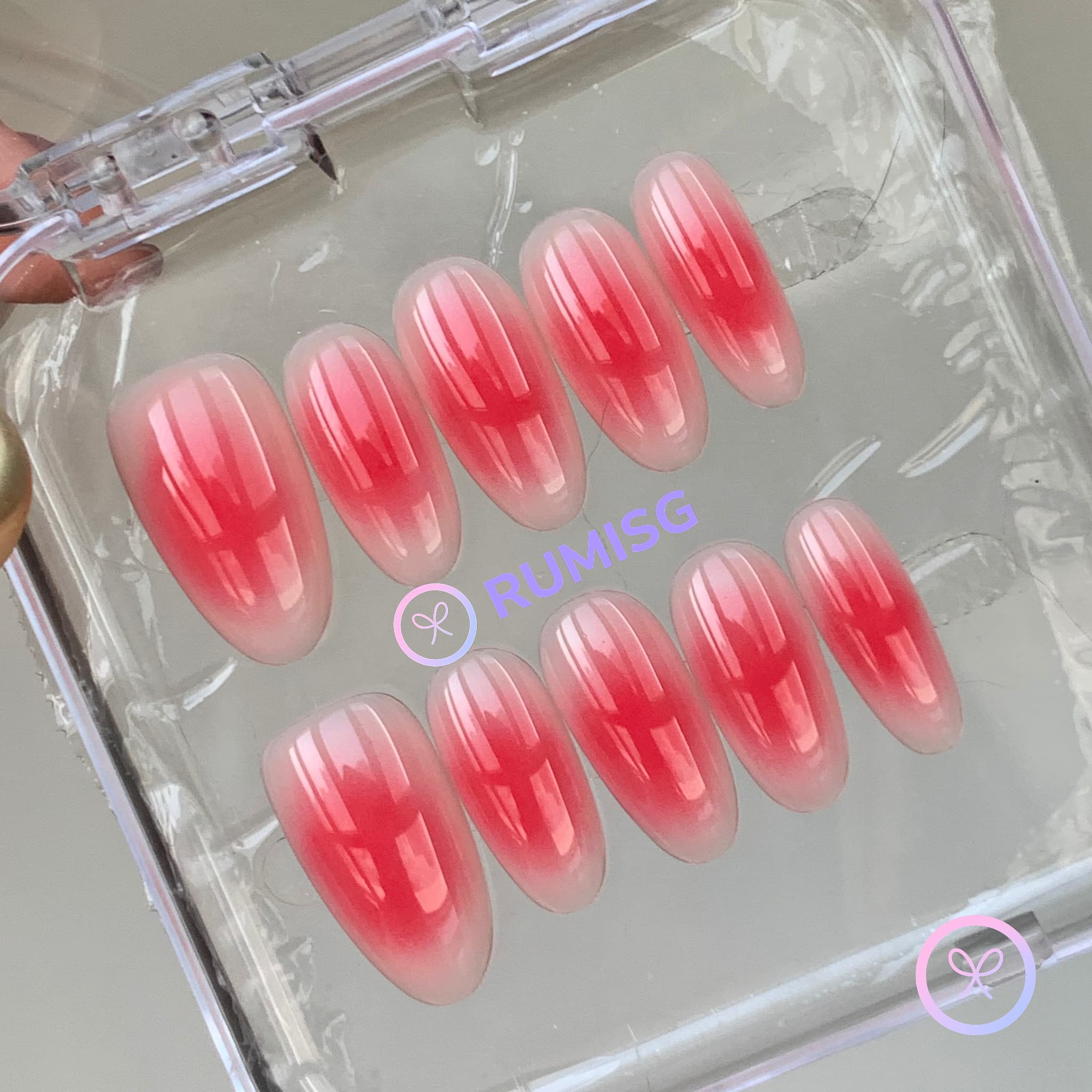 minimalist red glossy medium oval press on nails with red to nude gradient
