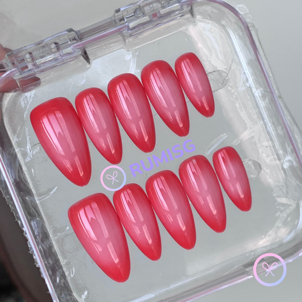 minimalist red glossy medium almond press on nails with red gradient