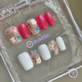 cute pink glossy daisy short square press on nails with gold flake