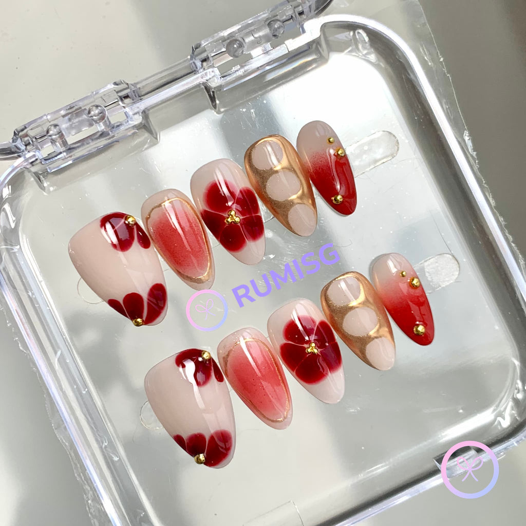 elegant red glossy short almond press on nails with bloom flowers and gold beads