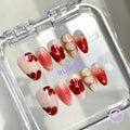 elegant red glossy short almond press on nails with bloom flowers and gold beads