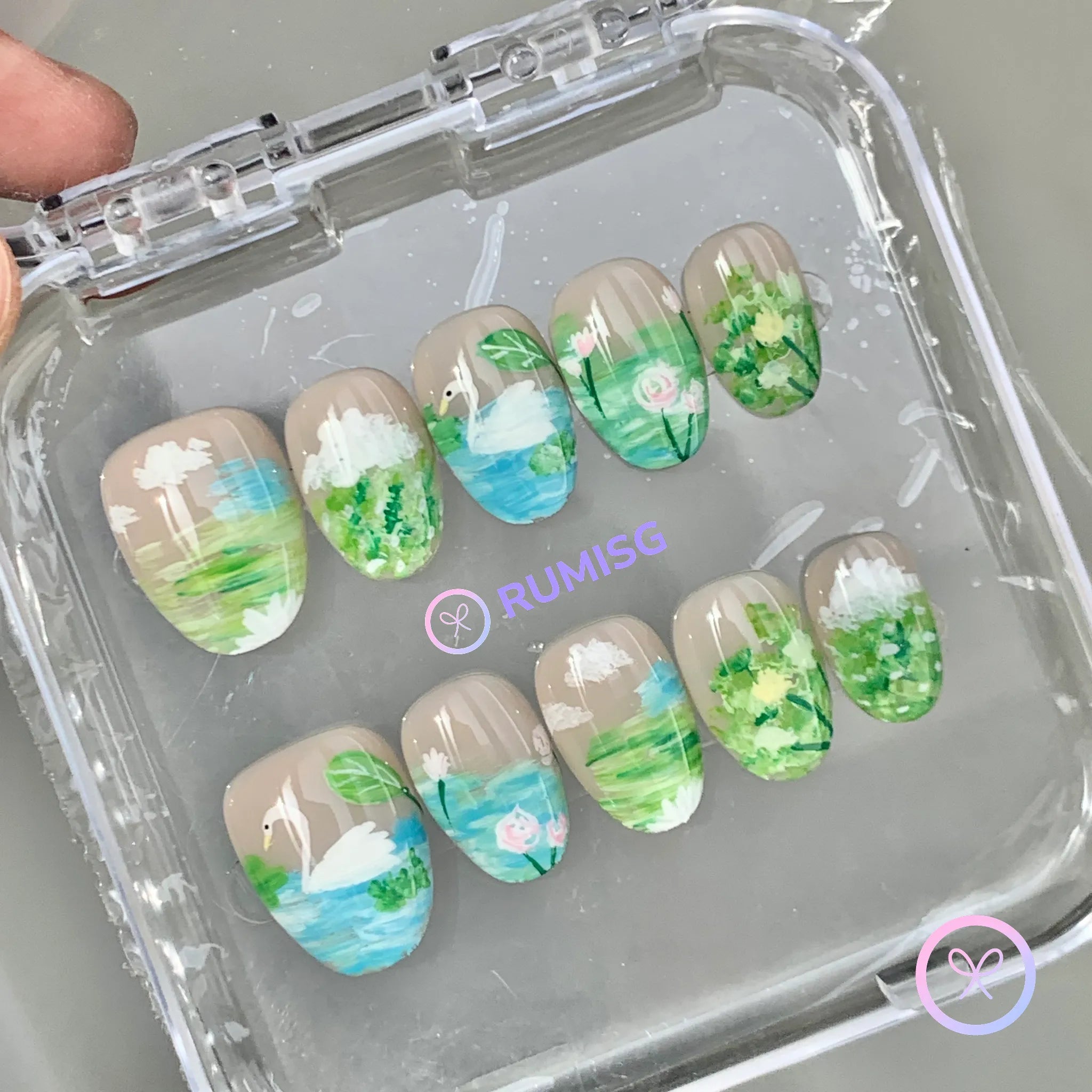 cottagecore green glossy short round press on nails with swan and hand painted landscape