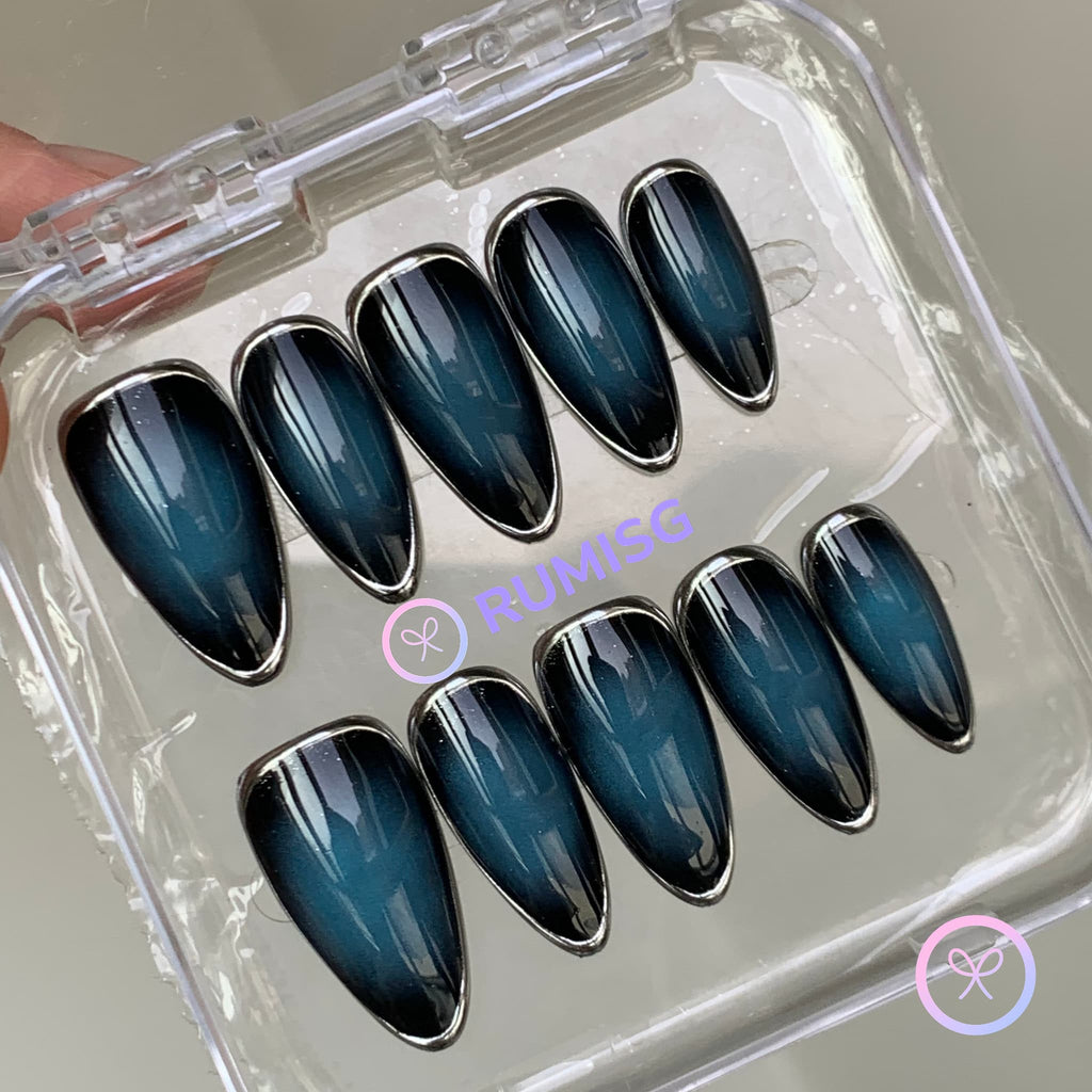 y2k blue chrome medium almond press on nails with metallic frames