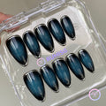 y2k blue chrome medium almond press on nails with metallic frames