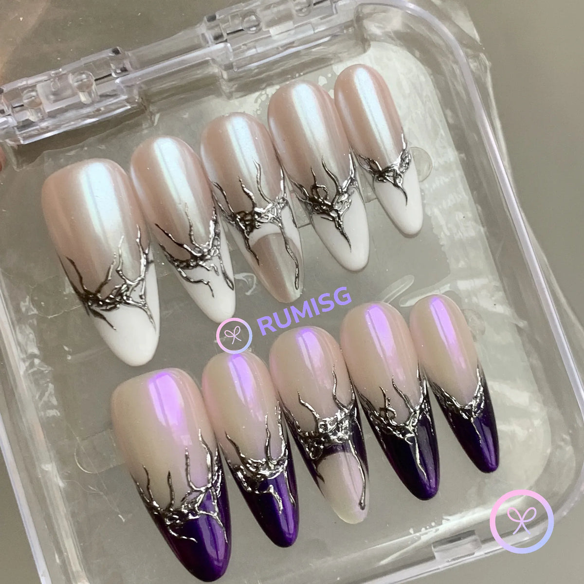 goth nude glossy split french long almond press on nails with silver vein