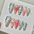 elegant pink iridescent medium almond press on nails with butterfly wings and hollow french