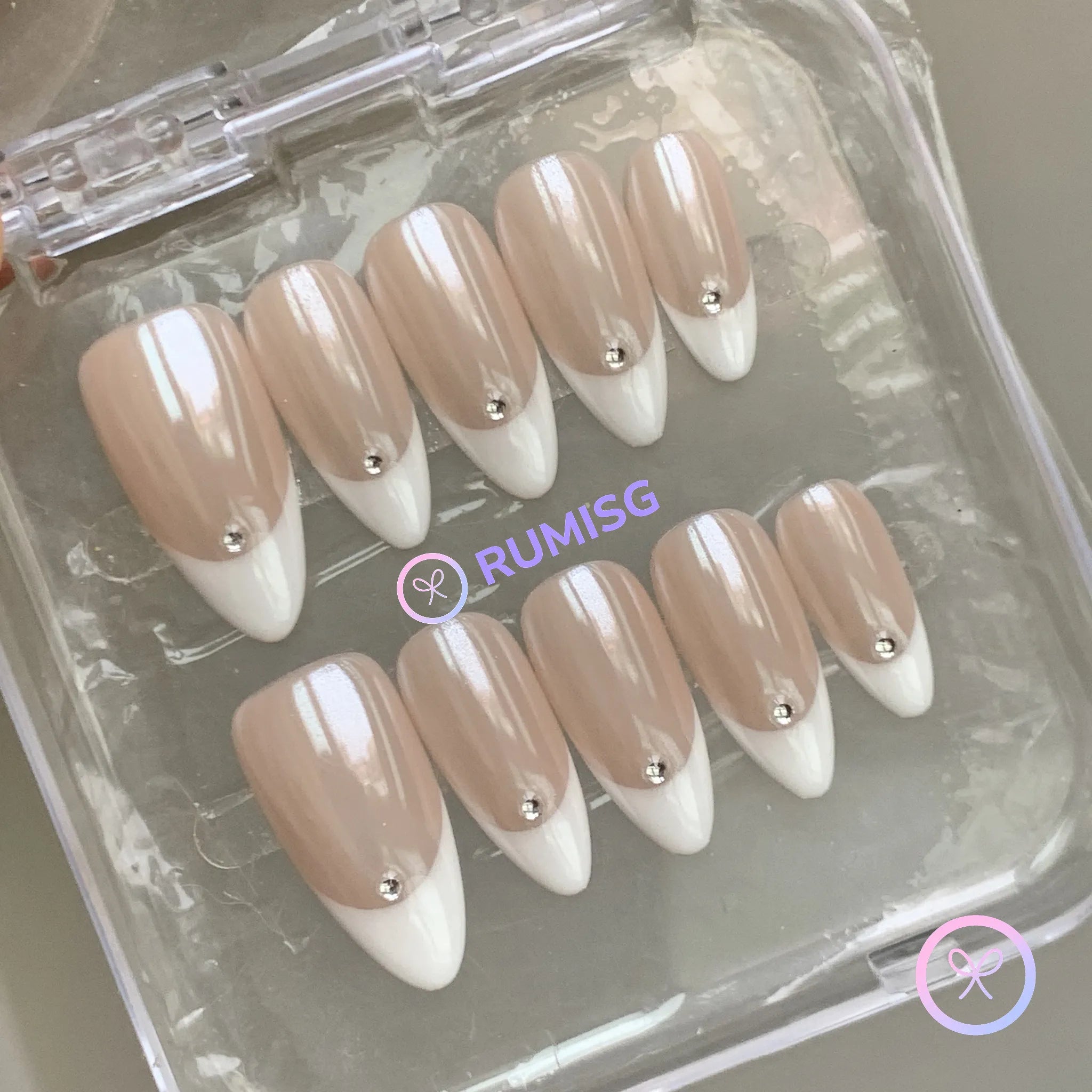 elegant nude glazed french tip medium almond press on nails with rhinestone