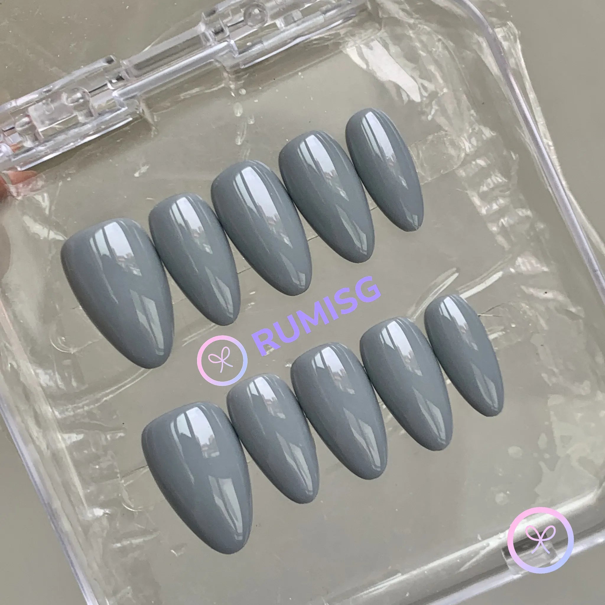 classic grey glossy short almond press on nails