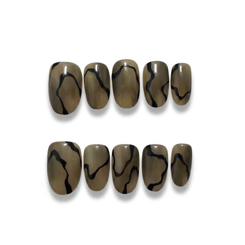 minimalist green glossy short oval press on nails with vein and smoke pattern