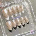 elegant nude glazed split tip medium almond press on nails with rhinestone