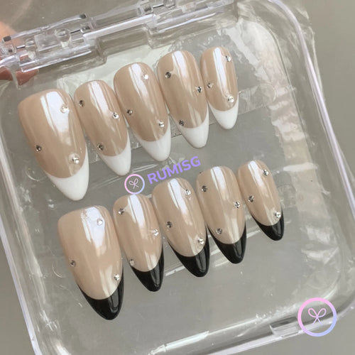 elegant nude glazed split tip medium almond press on nails with rhinestone