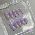  elegant purple glossy short oval press on nails with glitter and silver french tip
