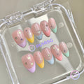 pastelcore nude glossy short almond press on nails with star sticker and pastel french tip