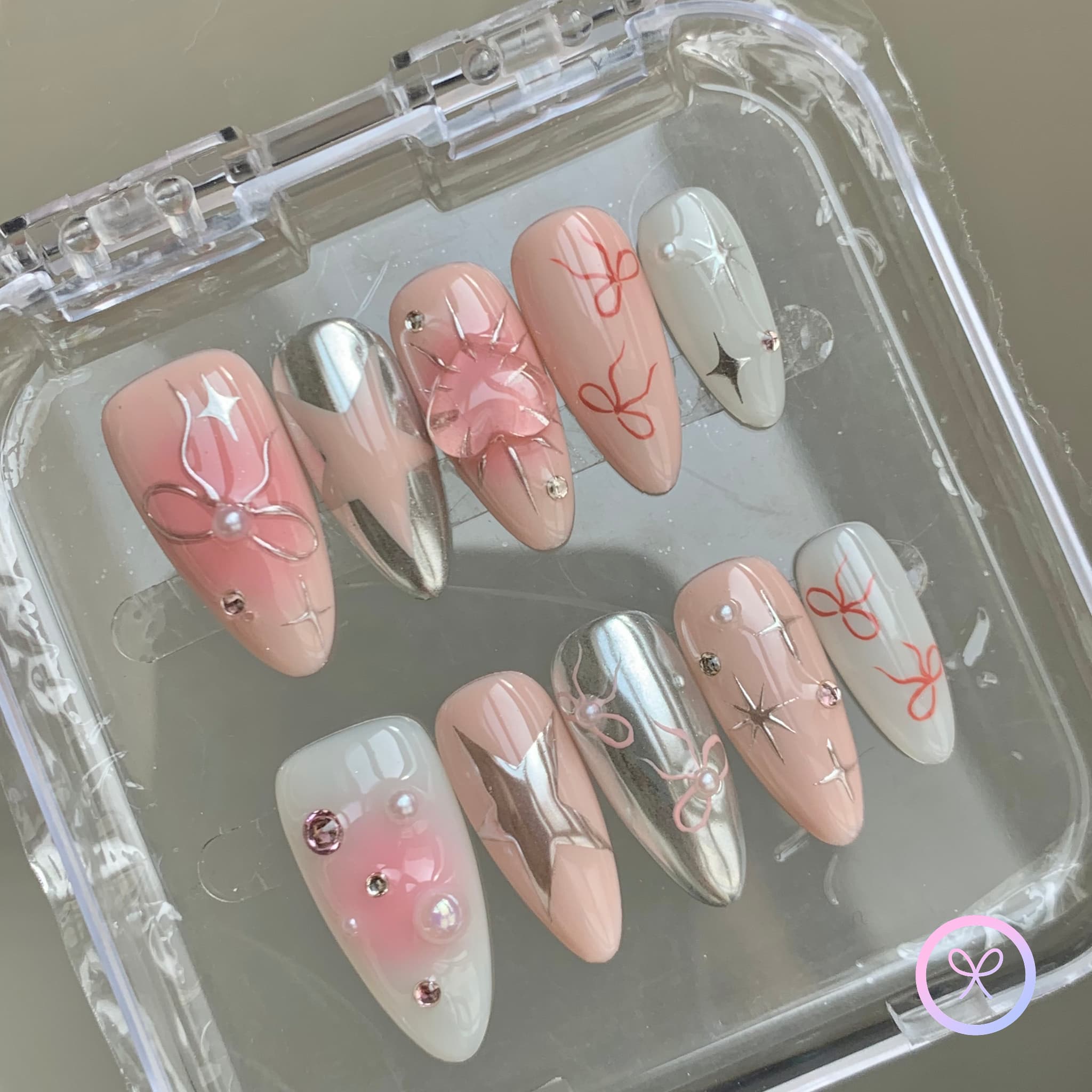elegant pink glossy medium almond press on nails with stars and bows