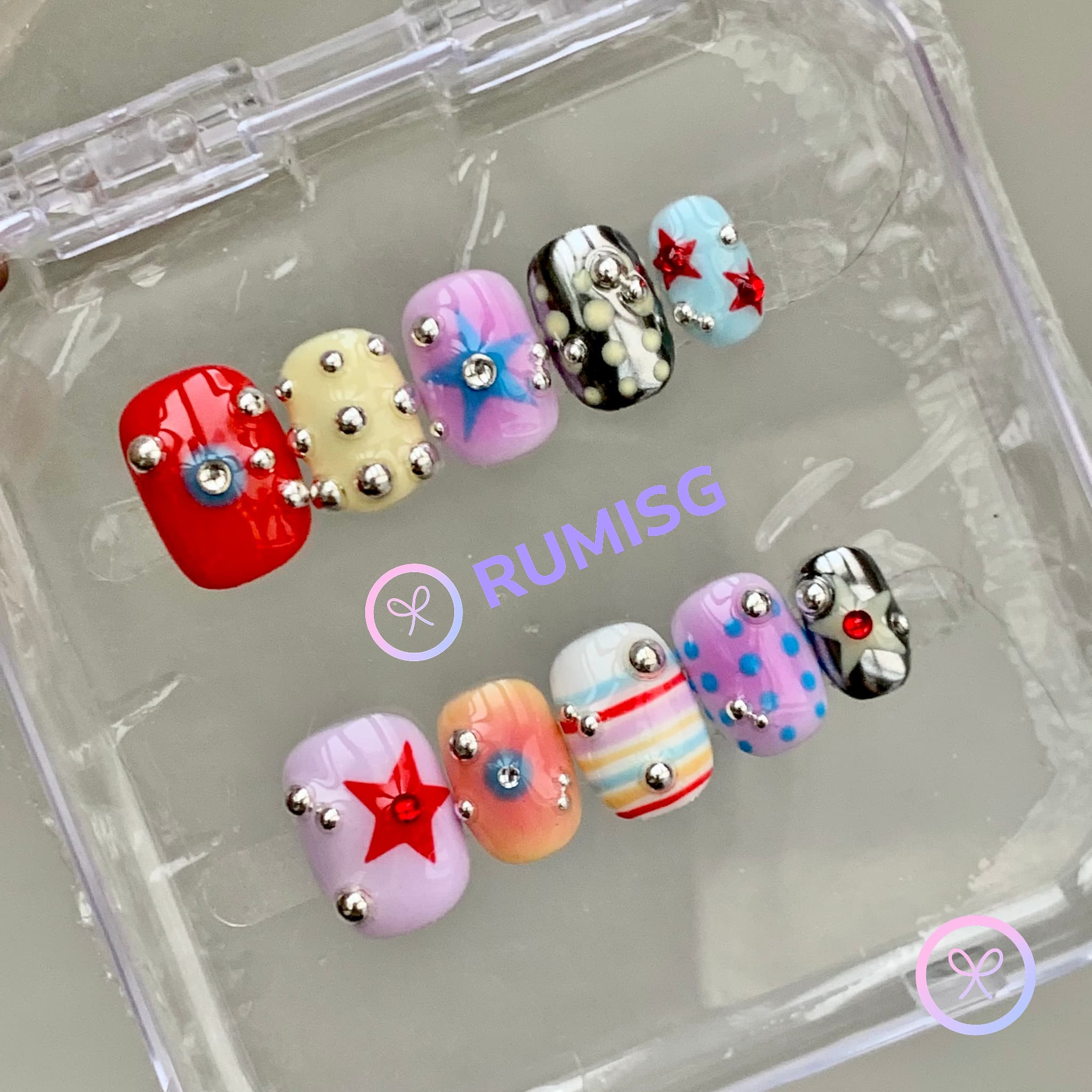 y2k purple glossy short round press on nails with stars, polka dots and silver beads