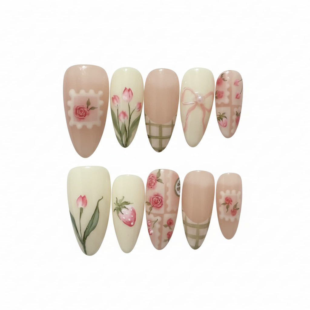 coquette nude glossy medium almond press on nails with strawberries and roses
