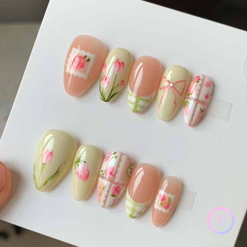 coquette nude glossy short almond press on nails with strawberries and roses