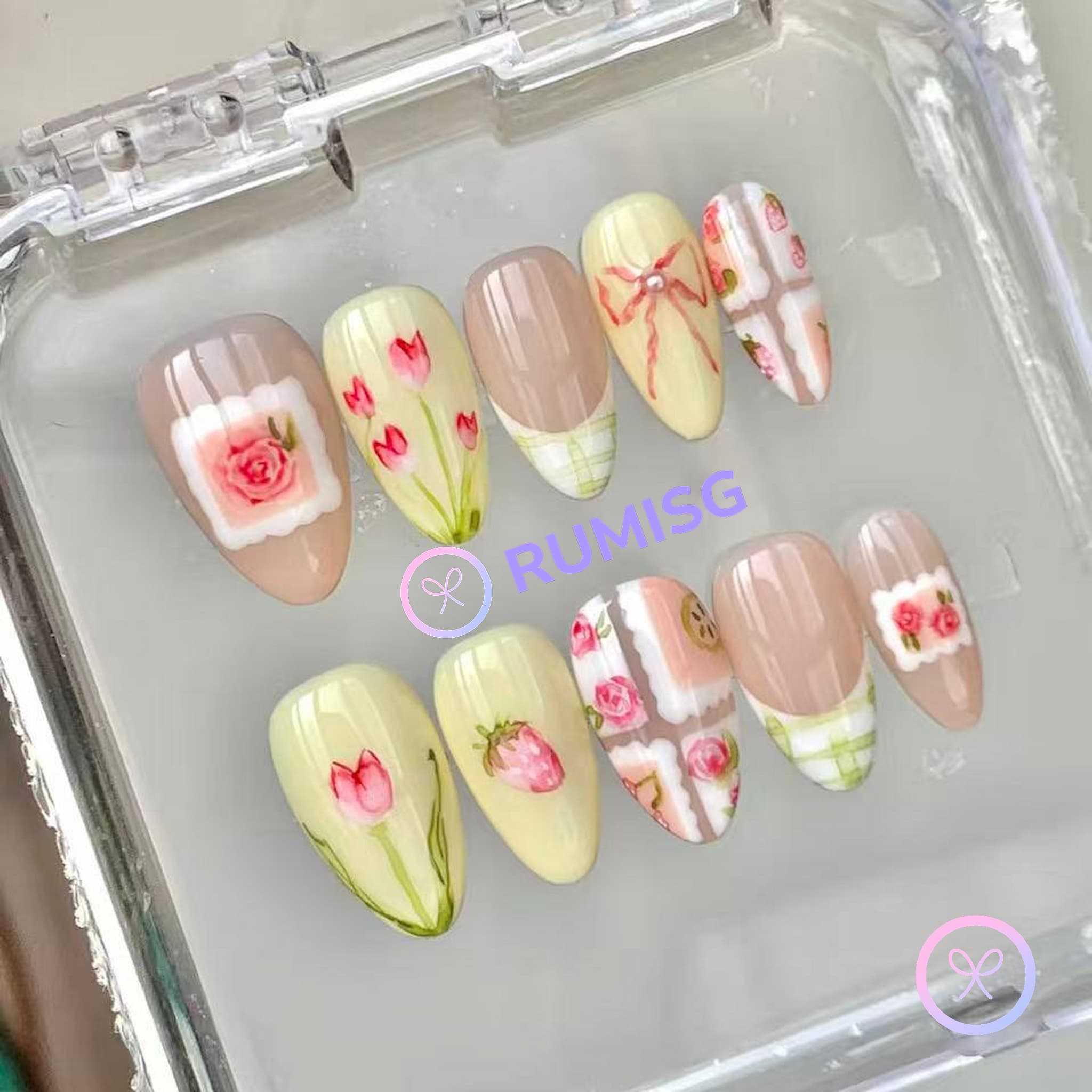 coquette nude glossy short almond press on nails with roses, bow and postage stamp